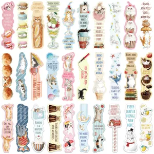 Set of 30 cute cartoon cat paper bookmarks with inspirational reading quotes.