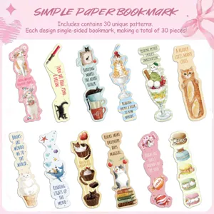 Detail view of 30 unique cute cartoon cat paper bookmarks with inspirational quotes