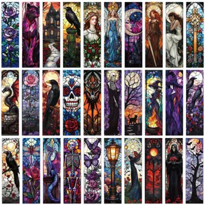 Set of 30 gothic stained glass bookmarks featuring dark fantasy art and vibrant colors