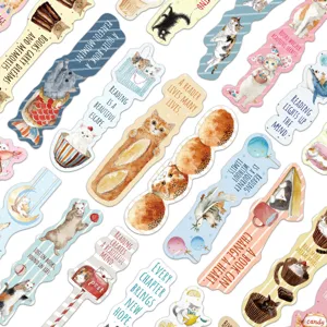 Collection of 30 cute watercolor cat bookmarks with English motivational quotes