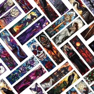 Set of 30 gothic stained glass bookmarks featuring dark fantasy motifs and vibrant colors