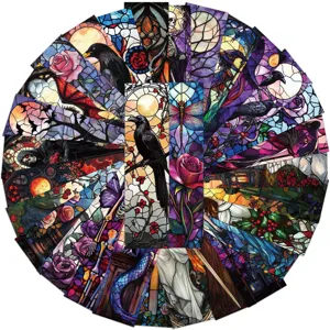Detailed view of Gothic stained glass style bookmarks arranged in a circular artistic display