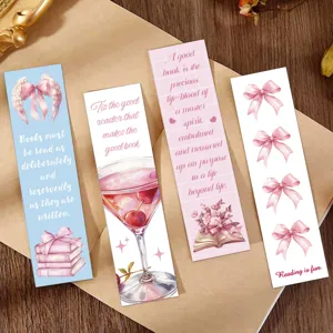 Detailed view of 30 pink cartoon paper bookmarks with bow patterns and English quotes