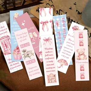 Set of 30 pink cartoon paper bookmarks with inspirational quotes and bear illustrations