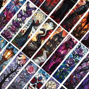 30 Gothic stained glass bookmarks with fantasy art designs for reading and journaling