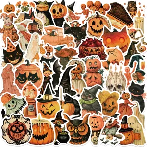 Vintage Halloween Stickers Set Waterproof PVC Pumpkin Ghost Black Cat DIY Graffiti Decals For Laptop Suitcase Party Decor