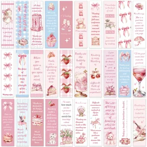 Collection of 30 aesthetic pink paper bookmarks with inspirational English quotes