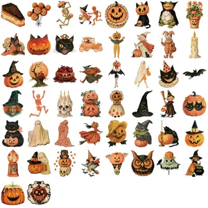 Collection of 50 vintage style Halloween stickers featuring pumpkins, ghosts, and witches