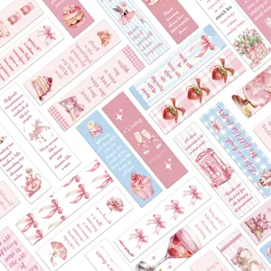 Detailed view of 30 pink illustrated paper bookmarks with inspirational English quotes