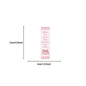 Pink plaid bookmark with 'open your mind' quote, dimensions 15x4cm shown in detail view.