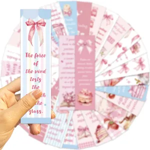 Decorative set of 30 pink cartoon paper bookmarks with bow ties and quotes for readers