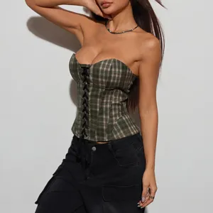 Top Corsé de Cuadros Retro Sexy Sin Tirantes Con Cordones Bustier Estilo Vintage