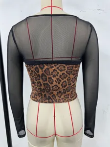 Leopard print corset mesh top detail, sexy long sleeve sheer blouse featuring unique boning style.