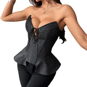 Corsé de mezclilla elegante para mujer, con cordones al frente y dobladillo peplum.