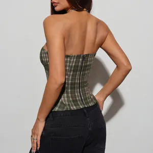 Top corsé sin tirantes de cuadros retro para mujer, sexy con cremallera trasera ajustado.