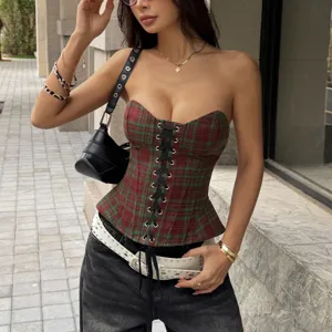 Top corsé vintage a cuadros sin tirantes, chaleco ajustado sexy para mujer, vista detallada.