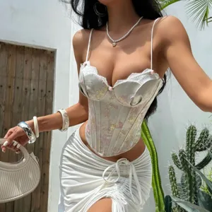 Elegant floral embroidered lace trim corset top and chic ruched skirt set for women