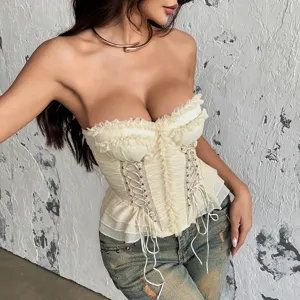 Donna beige top corsetto senza spalline volant lacetti bustier steccato streetwear dettaglio