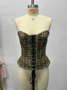 Top corsé vintage de cuadros verdes con cordones negros en la parte delantera, top corto sexy.