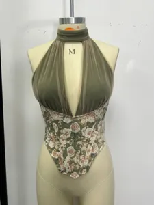 Halter deep V contrast floral corset top, boned shaping bustier, sexy streetwear cami.