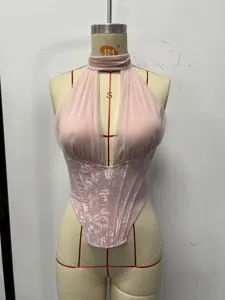 Pink halter deep V floral corset top, stylish fishbone shaping sexy hot girl short vest.