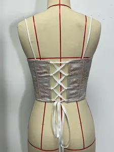 Elegant floral embroidered lace corset top with slim straps and back lace-up design.