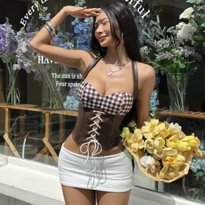Women plaid halter corset top and white mini skirt set sexy vintage streetwear outfit