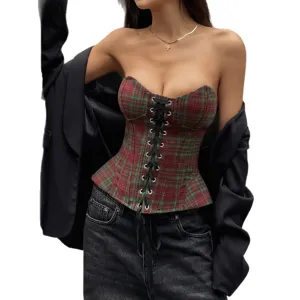 Top de corsé sin tirantes de cuadros retro para mujer, bustier sexy con cordones chic.