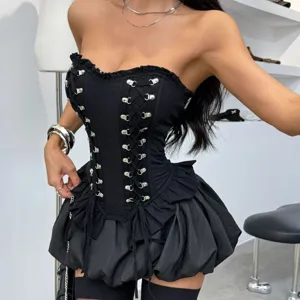 Gothisches schwarzes Korsett-Oberteil mit Metallschnalle und Schnürung, Streetwear.