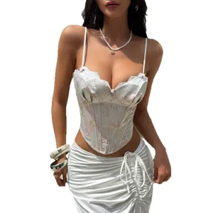 Women fashion floral embroidery lace up strapless slim fit boned corset top and ruched skirt.