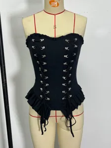 Gothischer Schnürungskorsett-Top Punk-Stil Metall Schnalle schwarzes Bustier mit Rüschen