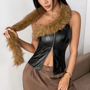Faux leather corset top with chic faux fur trim, sexy sleeveless strapless bustier detail view.