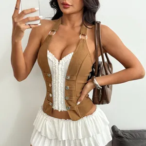 Detailed view of the stylish brown halter vest with metal ring accents and front buttons.