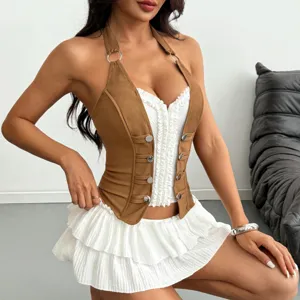 Sexy brown halter corset top paired with white ruffled mini skirt for women party wear.