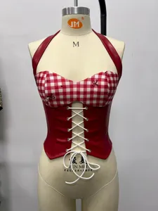 Red white plaid corset top halter neck lace up waist cincher hot girl vintage streetwear.