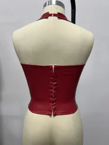 Red faux leather halter corset top backless lace up waist support bustier sexy streetwear
