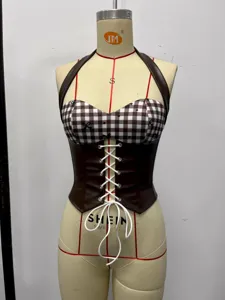 Brown white gingham halter corset top with front lace up fishbone slim fit retro chic apparel.