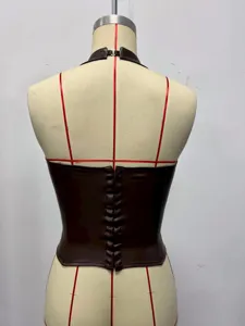 Brown faux leather corset back detail, sleek strapless bustier tailoring and tight fit showcase.