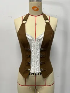 Brown halter corset top with white ruffle trim front button steampunk vintage vest