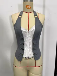 Grey and white halter corset vest with front buttons, ruffed trim, stylish Y2K short top.