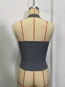 Grey halter corset top back view showing slim fit straps and boned structure details.