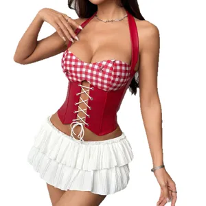 Red and white gingham halter corset top with front lace-up and stylish white pleated mini skirt.