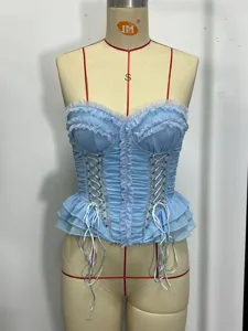 Top corsetto bustier azzurro con volant e lacci stile sexy ed elegante estivo