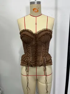 Top corsetto arricciato marrone, bustier stringato senza spalline con stecche donna.