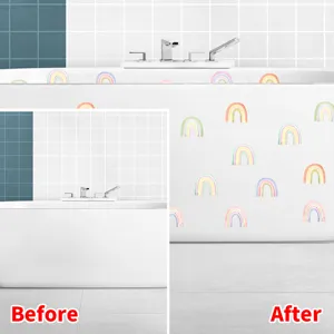 Vorher-Nachher-Vergleich von Regenbogen-Badewannenaufklebern auf weißer Wanne