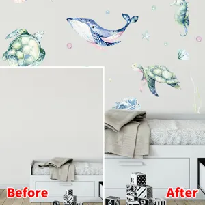 Watercolor ocean animal wall stickers showing before and after effect in kids room