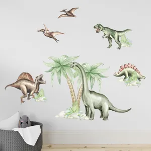 Aquarell-Dinosaurier-Wandsticker-Set mit T-Rex und Palmen für die Kinderzimmerwand