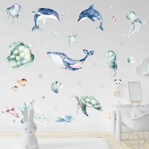 Watercolor Ocean Animal Wall Stickers Cartoon Whale Dolphin Turtle Seahorse Undersea World Wall Decals For Kids Nursery Living Room Bedroom Home Decoration