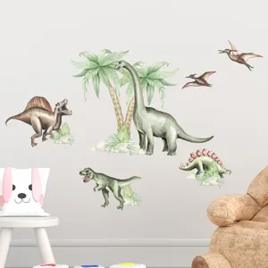 Aquarell-Dinosaurier-Wandaufkleber an einer weißen Kinderzimmerwand mit Möbeln