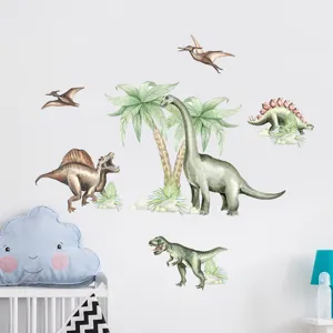 Aquarell Dinosaurier Wandtattoo Set für die Wanddekoration im Kinderzimmer mit Palmen
